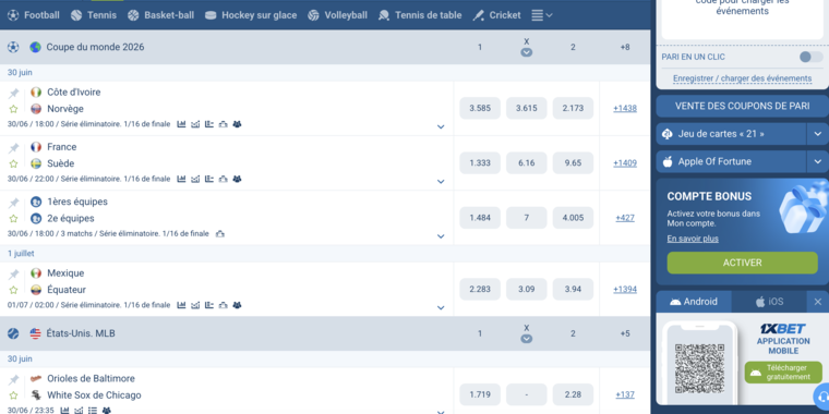 1xBet Côte d'Ivoire, paris en direct (live)